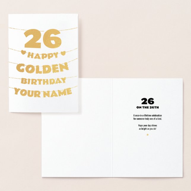Cartão Metalizado Happy Golden Birthday, 26th Birthday Gold Foil  (Exibição)
