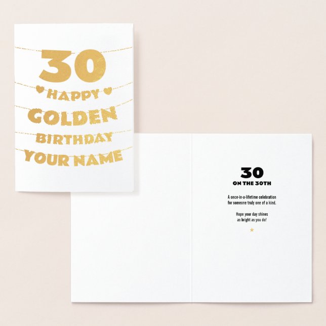 Cartão Metalizado Happy Golden Birthday, 30th Birthday Gold Foil  (Exibição)