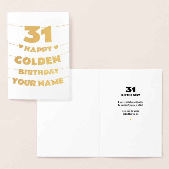 Cartão Metalizado Happy Golden Birthday, 31st Birthday Gold Foil  (Exibição)