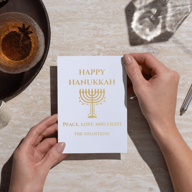 Cartão Metalizado Happy Hanukkah Blue and White Menorah (Customize this Happy Hanukkah Gold Foil card to complete your celebration!)