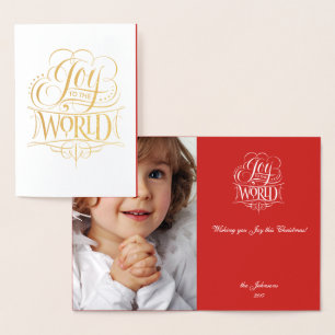 Cartão Metalizado Joy to the World Customize Photo Christmas
