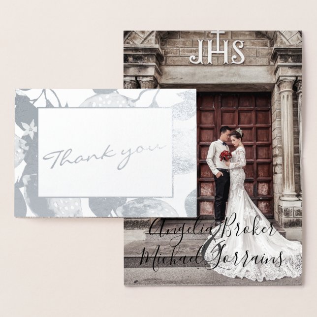 Cartão Metalizado Limões Prateados Modernos & Folhagem Casamento Fot (Exibição)