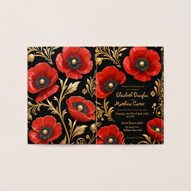 Cartão Metalizado Luxury Black Red and Gold Floral Wedding  (Interior)