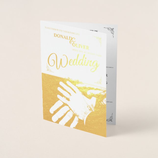 Cartão Metalizado Mãos de um Casal de Casamento Gay com Anéis (Frente)