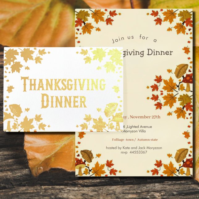 Cartão Metalizado  maple leaves& musrooms - Thanksgiving invitation (Criador carregado)