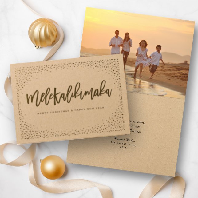 Cartão Metalizado Mele Kalikimaka Confetti Foto de Natal (Mele Kalikimaka Christmas Greetings Holiday Foil Pressed Card @ www.zazzle.com/store/fat_fa_tin)