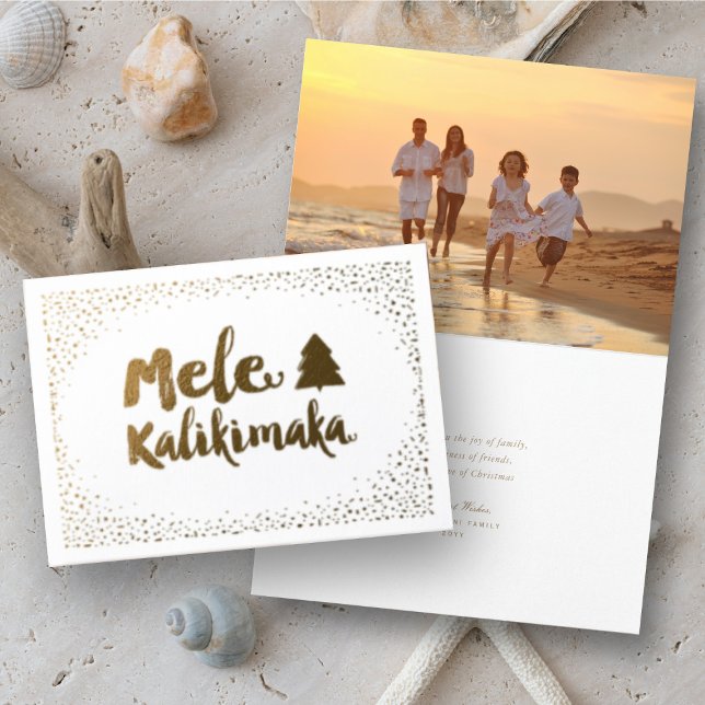 Cartão Metalizado Mele Kalikimaka Confetti Foto de Natal (Mele Kalikimaka Christmas Greetings Holiday Foil Pressed Card @ www.zazzle.com/store/fat_fa_tin)