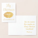 Cartão Metalizado Meu Amor de Natal<br><div class="desc">Mande uma mensagem de aquecimento no coração para seu amado este Natal. Apresentando impressão de batom dourado,  "Feliz Natal,  querida" está escrita na frente,  há uma doce dentro de mensagem. Peça o seu hoje! Design Lipstick: https://www.etsy.com/shop/OriginsDigitalCurio</div>