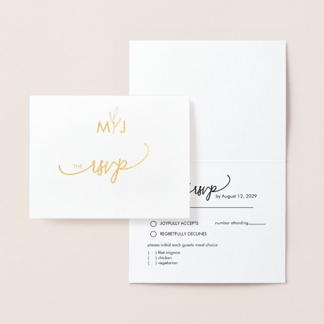 Cartão Metalizado Minimalist Modern Golden Leaf RSVP Foil Card (Display)