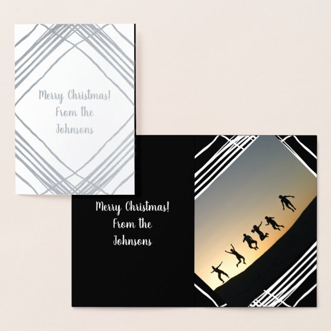 Cartão Metalizado Natal da família de fotos em preto e branco (Exibição)