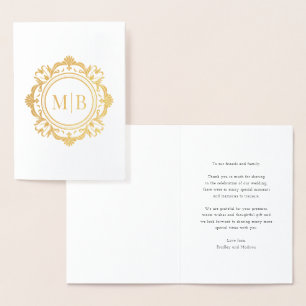 Cartão Metalizado Ornamentado Floral Monograma Casamento Obrigado