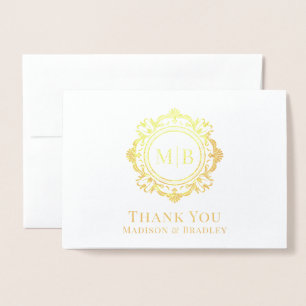 Cartão Metalizado Ornamentado Floral Monograma Casamento Obrigado