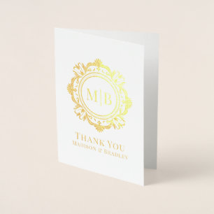 Cartão Metalizado Ornamentado Floral Monograma Casamento Obrigado