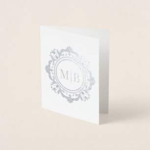 Cartão Metalizado Ornamentado Floral Monograma Casamento Obrigado