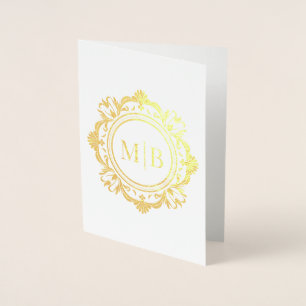 Cartão Metalizado Ornamentado Floral Monograma Casamento Obrigado