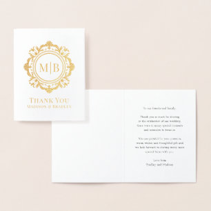 Cartão Metalizado Ornamentado Floral Monograma Casamento Obrigado
