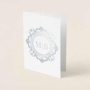Cartão Metalizado Ornamentado Floral Monograma Casamento Obrigado