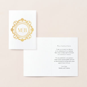 Cartão Metalizado Ornamentado Floral Monograma Casamento Obrigado