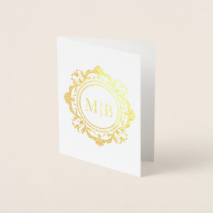 Cartão Metalizado Ornamentado Floral Monograma Casamento Obrigado