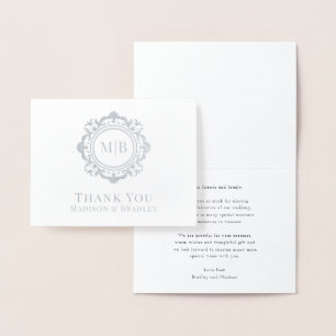 Cartão Metalizado Ornamentado Floral Monograma Casamento Obrigado