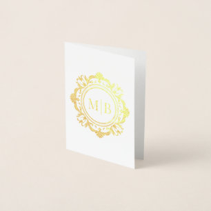 Cartão Metalizado Ornamentado Floral Monograma Casamento Obrigado