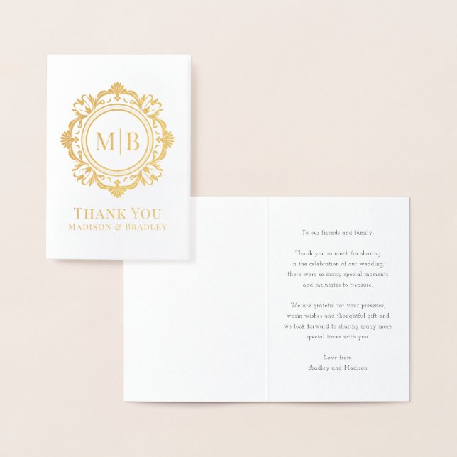 Cartão Metalizado Ornamentado Floral Monograma Casamento Obrigado (Exibição)