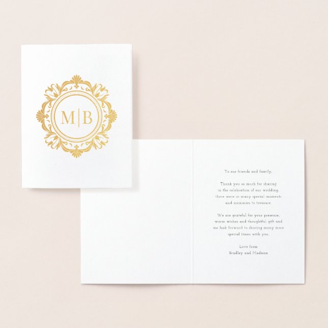 Cartão Metalizado Ornamentado Floral Monograma Casamento Obrigado (Exibição)