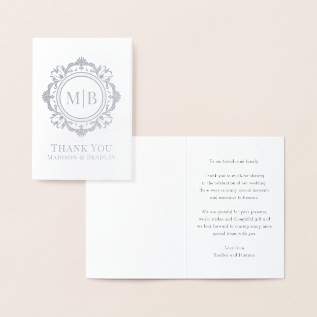 Cartão Metalizado Ornamentado Floral Monograma Casamento Obrigado (Exibição)