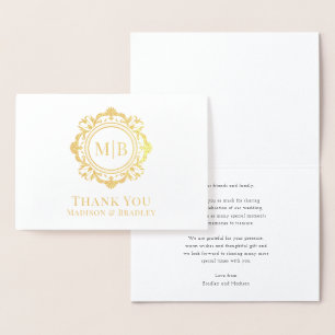 Cartão Metalizado Ornamentado Floral Monograma Casamento Obrigado