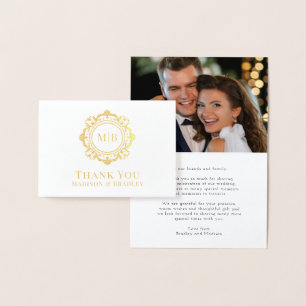 Cartão Metalizado Ornamentado Floral Monograma Casamento Obrigado Fo