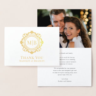 Cartão Metalizado Ornamentado Floral Monograma Casamento Obrigado Fo