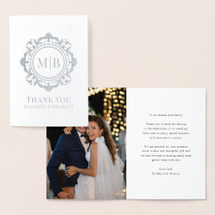 Cartão Metalizado Ornamentado Floral Monograma Casamento Obrigado Fo