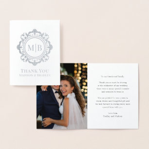 Cartão Metalizado Ornamentado Floral Monograma Casamento Obrigado Fo