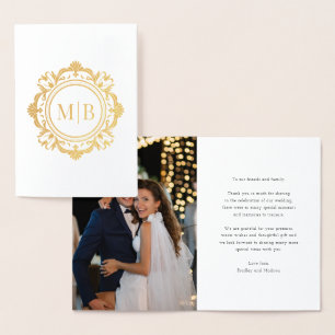 Cartão Metalizado Ornamentado Floral Monograma Casamento Obrigado Fo