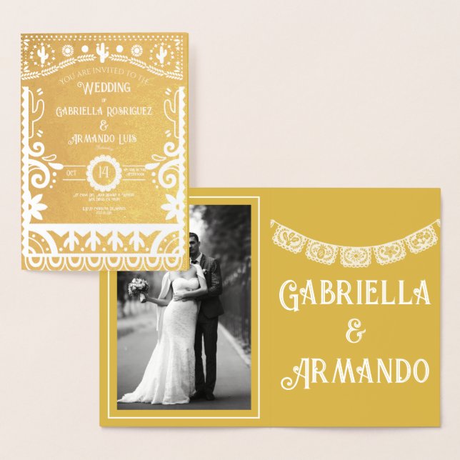 Cartão Metalizado Papel Picado Mustard Yellow & White Wedding Foil (Exibição)