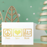 Cartão Metalizado Peace Love Music Belo Músico Dourado<br><div class="desc">Este belo cartão de Natal para músicos apresenta um sinal de paz, coração, e o clave triplo numa escala musical em folha de ouro elegante. Personalize o dentro para seus amigos musicais. Cartões de excelente para um diretor de coro ou banda, cantores corais ou outras pessoas musicalmente inclinadas neste feriado....</div>