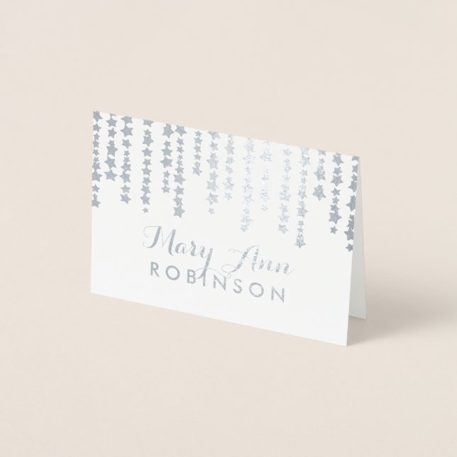 Cartão Metalizado Prata do lugar sentado convidado "Debaixo das Estr (Frente)