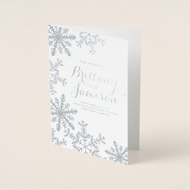 Cartão Metalizado Programa de Casamento no inverno Silver Foil Snowf (Frente)