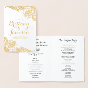 Cartão Metalizado Programa de Casamento vintage de rendas Gold Foil