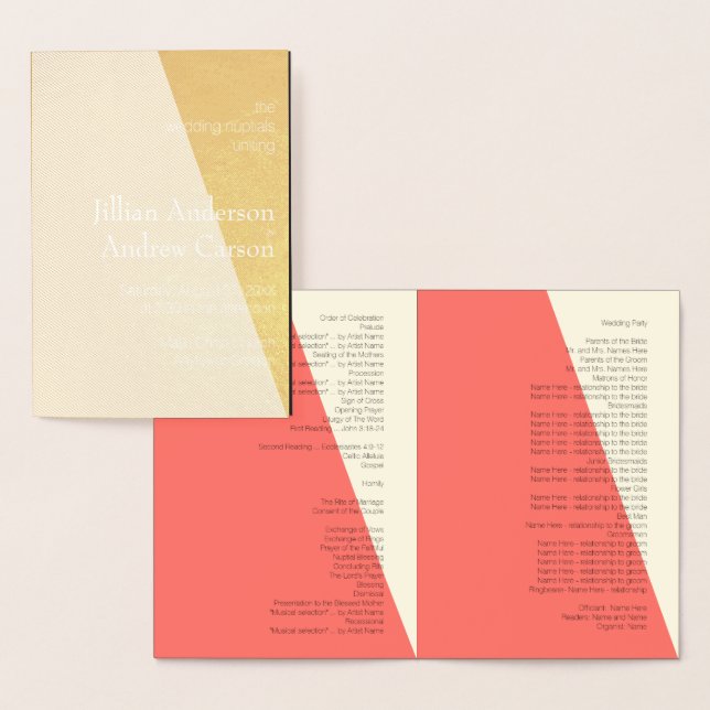 Cartão Metalizado Programa Itinerário de Casamento 💕 Coral Elegante (Exibição)