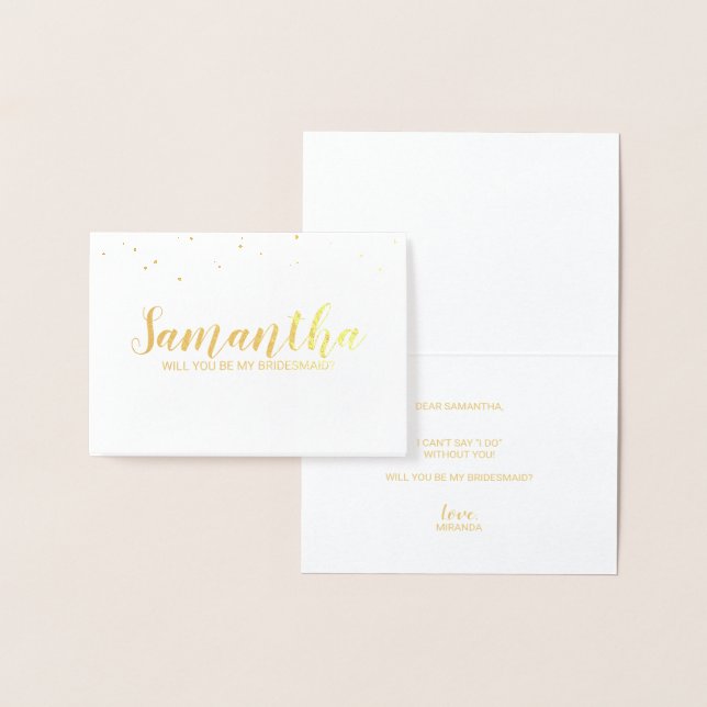 Cartão Metalizado Proposta de Bridesmaid | Elegante Confetti Dourado (Exibição)