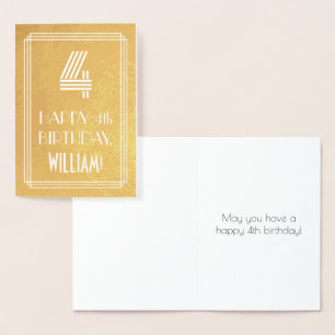 Cartão Metalizado Quarto Aniversário - Art Deco Inspirou "4" + Nome