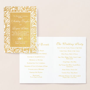 Cartão Metalizado Real Gold Foil Damask Floral Weding Program