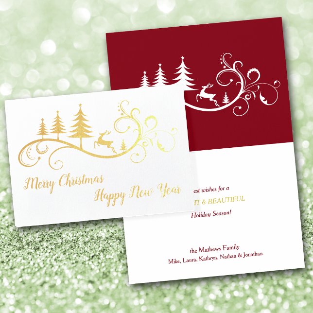 Cartão Metalizado Retro Saltando Veado no Natal Vermelho (Criador carregado)