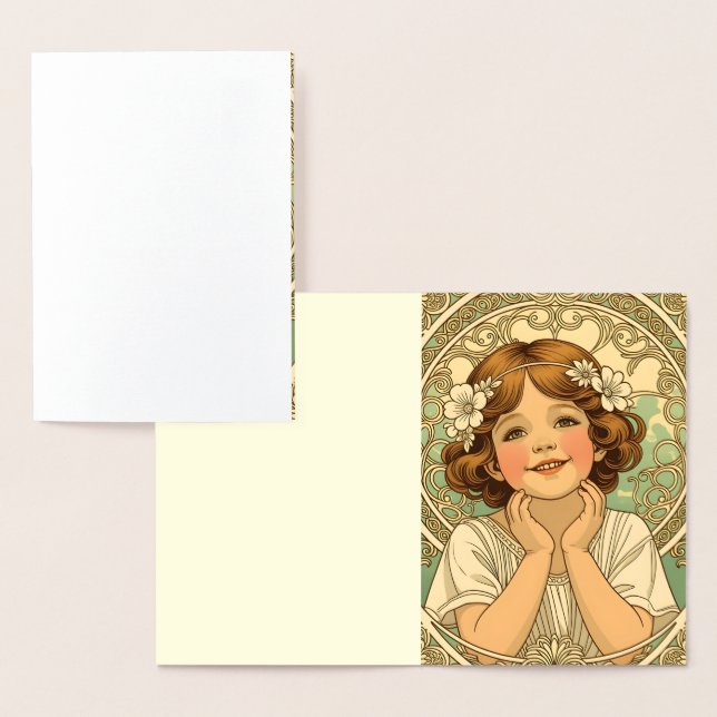 Cartão Metalizado retro vintage child with flowers (Exibição)