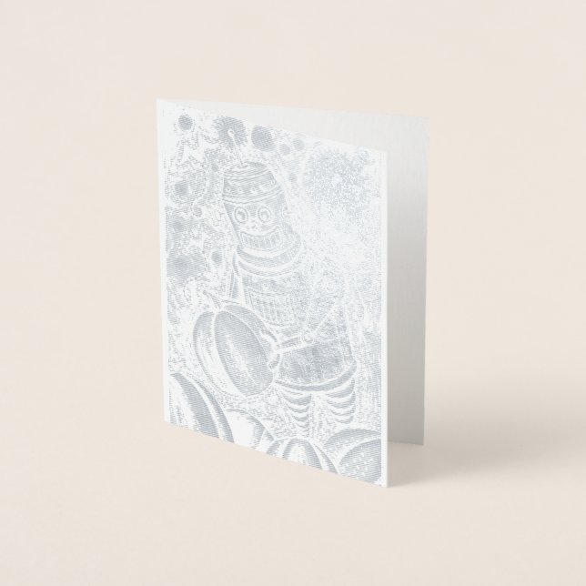 CARTÃO METALIZADO ROBÔ ESCOLHENDO BOMBEIROS, HOMEM MECÂNICO HALLOWEE (Frente)