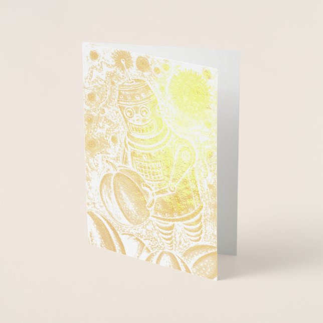 CARTÃO METALIZADO ROBÔ ESCOLHENDO BOMBEIROS, HOMEM MECÂNICO HALLOWEE (Frente)