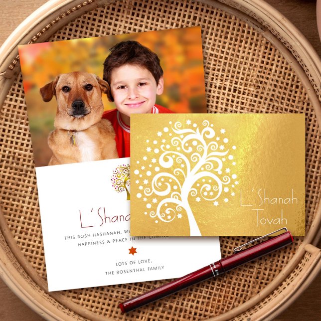 Cartão Metalizado Rosh Hashanah White Tree of Life Photo Real Dourad (Criador carregado)