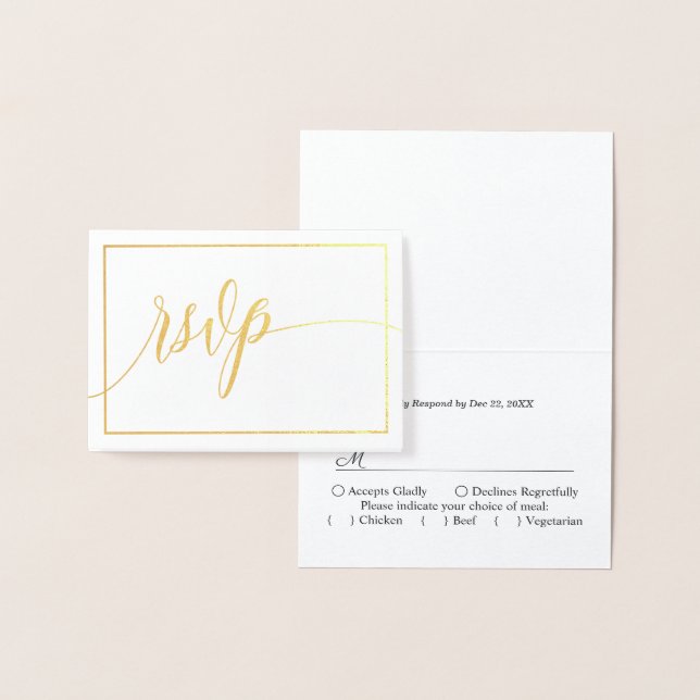 Cartão Metalizado Script Caligrafia Branco e Dourado RSVP (Exibição)