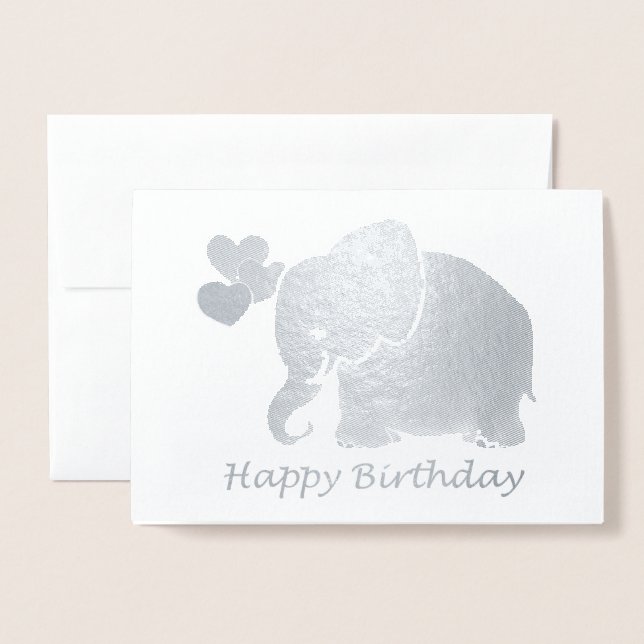 Cartão Metalizado Silver Baby Elepher Com Balões Feliz Aniversário (Frente com envelope)